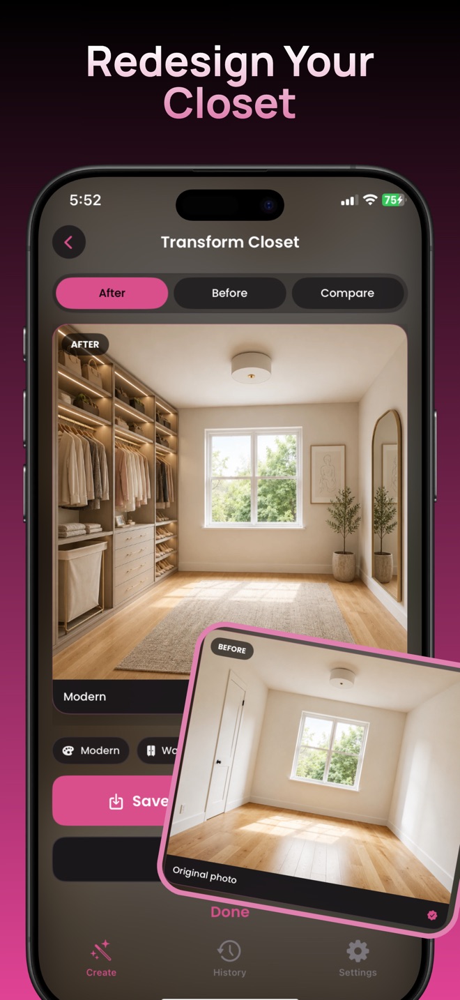 App result screen showing an original room photo and generated closet concept
