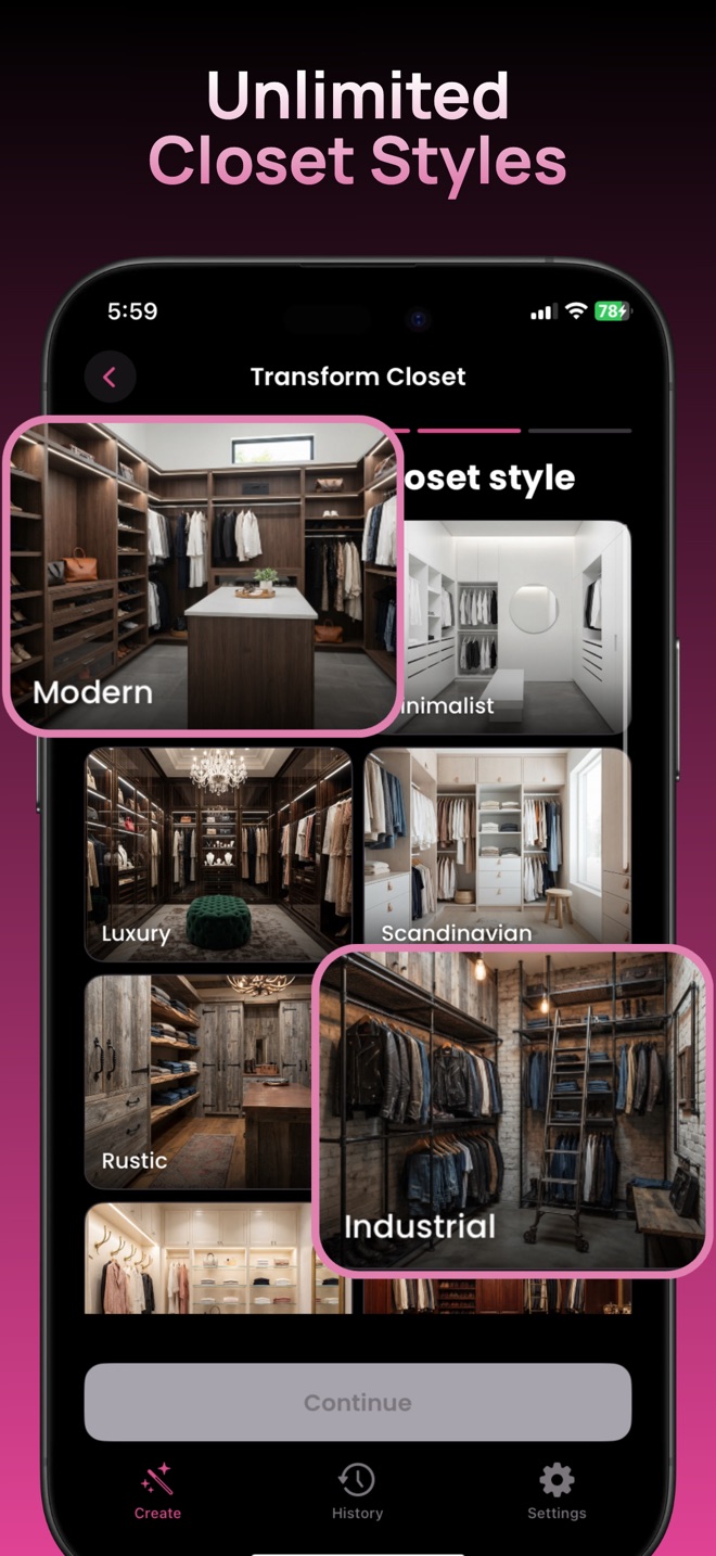 Closet Design app style selection screen